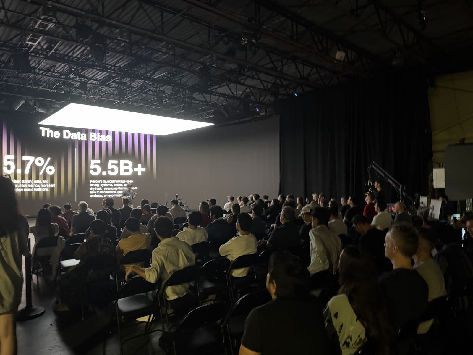 A full audience watching a talk on the main stage